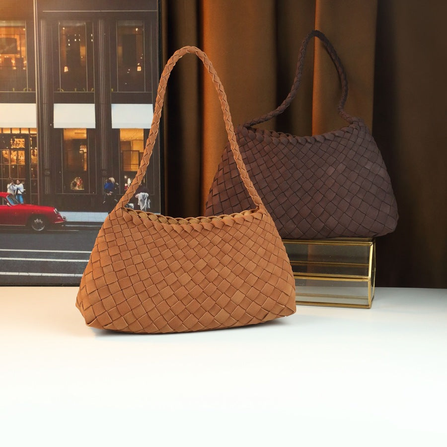 Handwoven Suede Shell Tote Set for Women with Detachable Sub-Bag, Niche Shoulder Handbag with Basket-Style Design