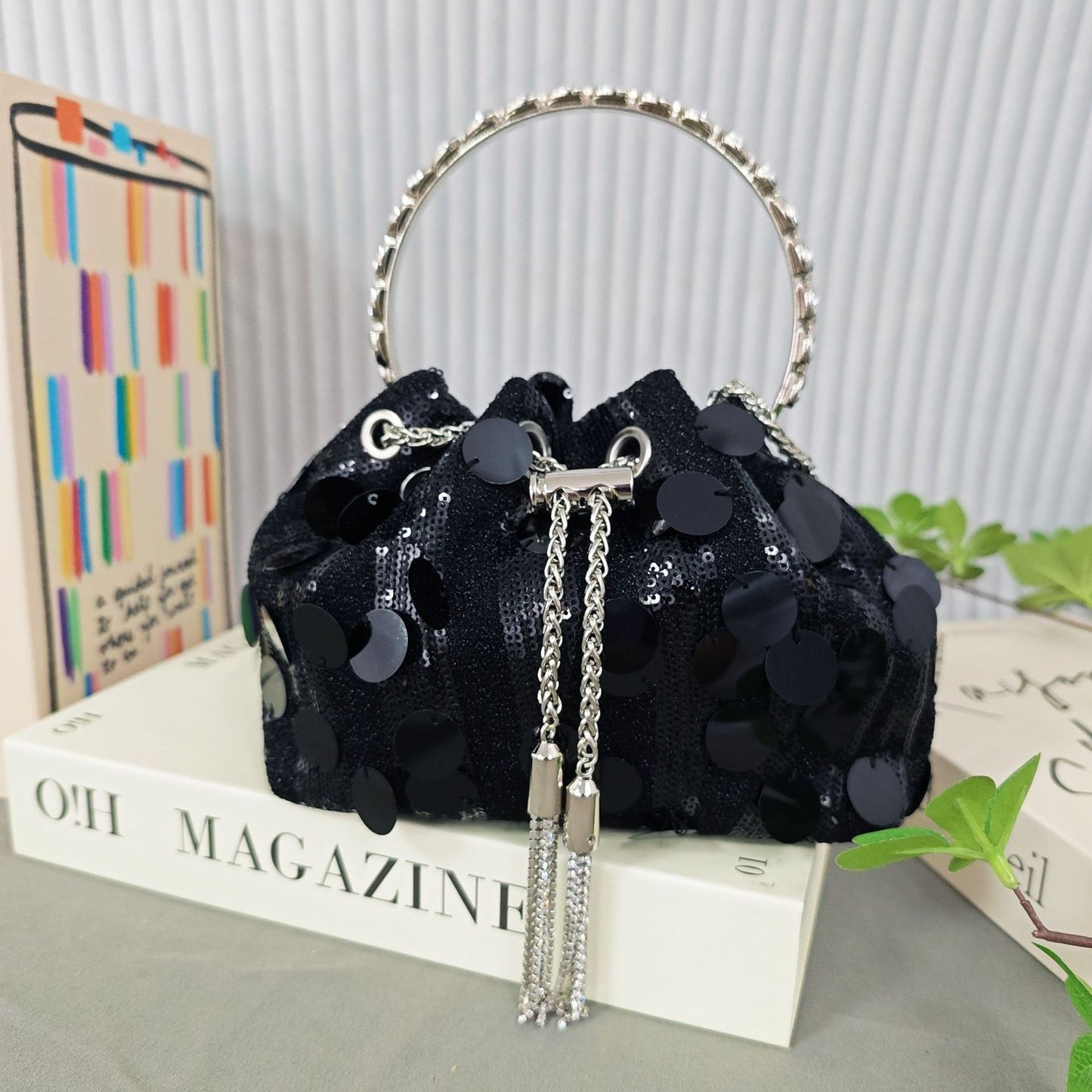 New Sequin Rhinestone Tassel Bucket Bag for Women, Sparkly Shoulder Crossbody Handbag, Evening Party Purse with Top Handle
