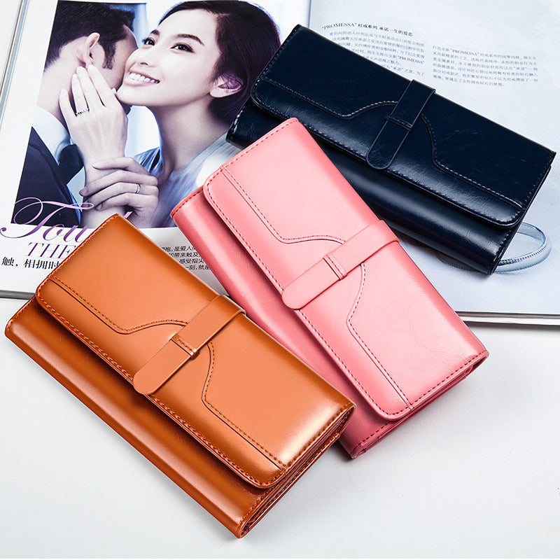 Genuine Cowhide Long Tri-Fold Wallet for Women, Snap Button Multi-Card Large Capacity Clutch Purse, Premium Leather Money Holder for Ladies