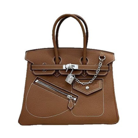 New Arrival Top-Layer Cowhide Leather Biker Birkin-Inspired Tote Bag for Women, Front Zipper Detail with Spacious Large Capacity, Versatile Top-Handle Crossbody Handbag for Everyday Style