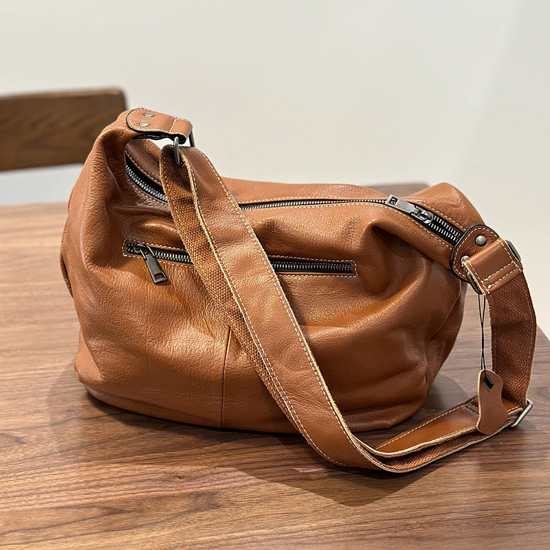 Genuine Top Layer Cowhide Large Tote Bag for Women, Korean Style Versatile Shoulder Crossbody Purse, Hong Kong Casual Handbag for Ladies