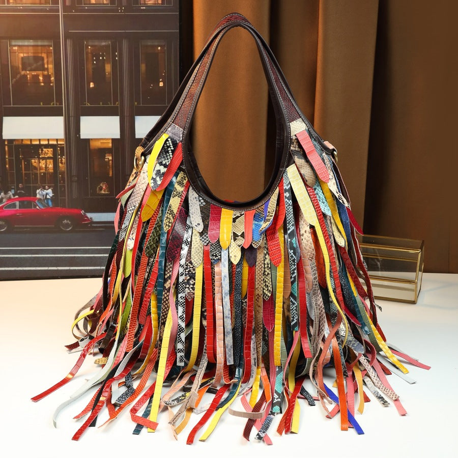 Colorful Fringe Strap Cowhide Shoulder Bag for Women Large Capacity Slouchy Street Style Handbag, Niche Purse with Playful Boho Detail