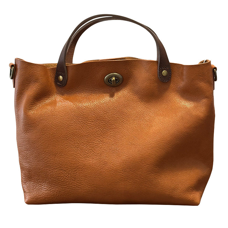Genuine Vegetable-Tanned Cowhide Bag for Women, New Spring Summer Top Handle Shoulder Crossbody Purse, Vintage Lock Buckle Handbag for Ladies
