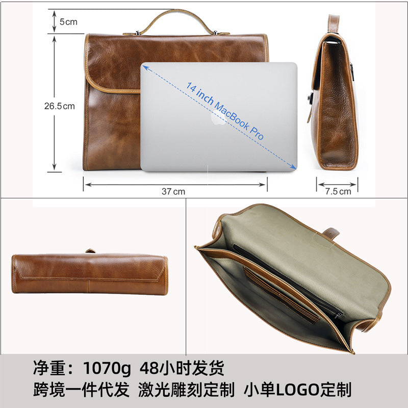 Genuine Full-Grain Leather Briefcase for Men, Black Angel Business Bag Fits 14.2-Inch Laptop, Large Capacity Computer Shoulder Bag for Work