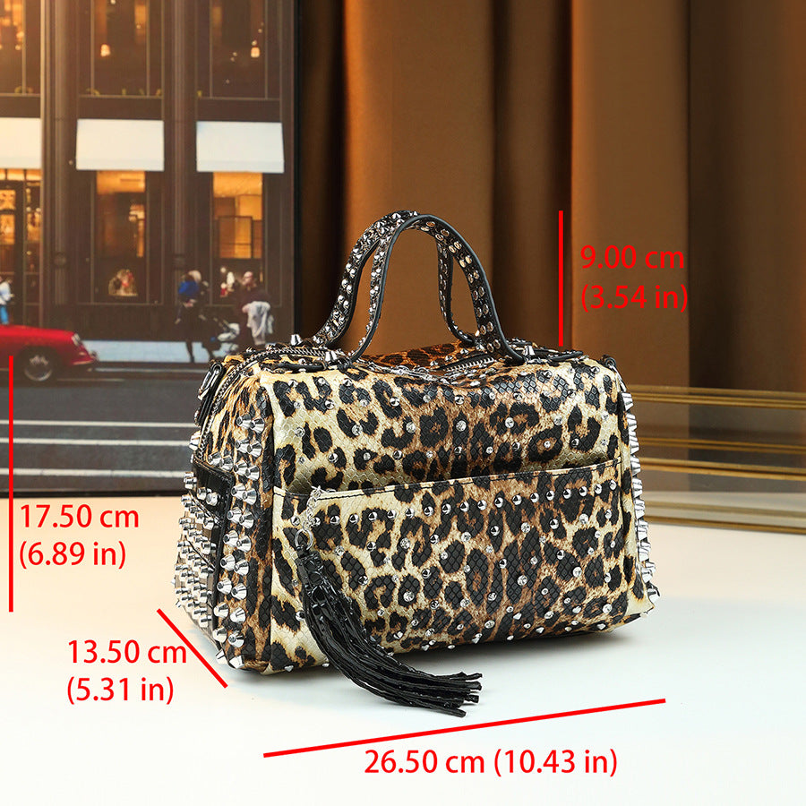 Leopard Print Studded Pillow Bag for Women Large Capacity Shoulder Crossbody Handbag, Wild Style Purse with Edgy Hardware Accents