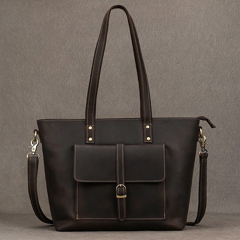 Genuine Crazy Horse Cowhide Tote Bag for Men and Women, Large Capacity Vintage Commute Shoulder Crossbody Top Handle Handbag, Versatile Unisex Purse for Ladies and Gentlemen