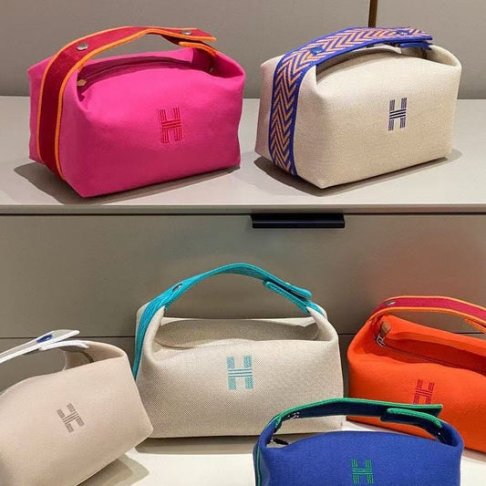 Waterproof Canvas Toiletry Bag for Women, Hermès-Inspired Travel Makeup Pouch 21/25cm, Semi-Handmade Embroidered Box Bag with Sturdy Steel Hardware, Portable Cosmetic Organizer for Daily Use