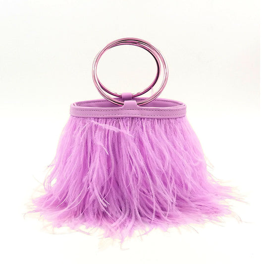 Genuine Leather Ring Chain Ostrich Feather Tassel Bag for Women, Shiling Fashion Brand Shoulder Crossbody Top Handle Purse, Runway Style Versatile Handbag for Ladies