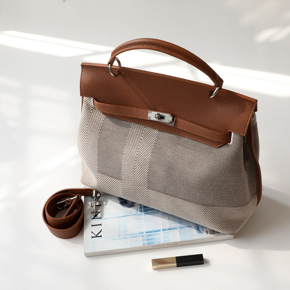 Chic Canvas & Leather Birkin-Inspired Tote Bag for Women, Vintage Large Capacity Shoulder Top-Handle Handbag with Premium Design, Perfect Commuter Purse