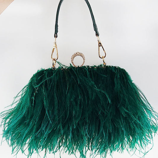 Genuine Ostrich Feather Handbag for Women, Trendy Chain Shoulder Top Handle Evening Purse, Fashionable Clutch Bag for Ladies