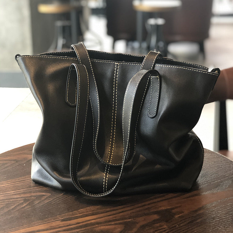 Genuine Top Layer Cowhide Tote Bag for Women, Fall Winter Large Capacity Shoulder Crossbody Purse, Urban Minimalist Everyday Handbag for Ladies