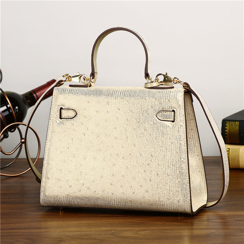 Genuine Gold Ostrich Leather Kelly Bag for Women Large Capacity Shoulder Crossbody Handbag, Versatile Purse with Luxurious Textured Finish