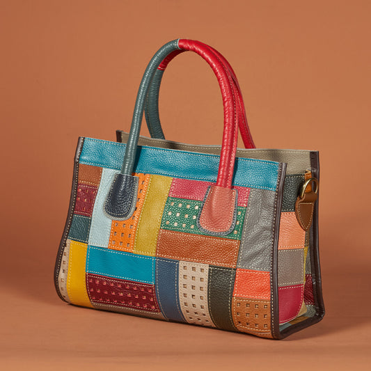 Handmade Patchwork Color Block Vintage Cowhide Bag, Fashion Shoulder Crossbody Top Handle Purse, Designer Handbag for Women