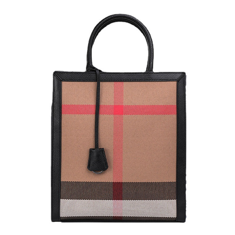 New Fashionable Leather Trim Large Capacity Bag, Versatile Crossbody Shoulder Purse, Trendy Plaid Top Handle Handbag for Women