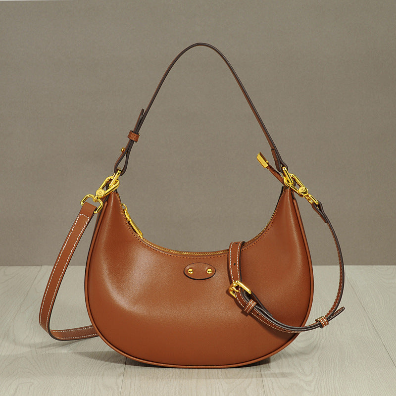 New Vintage Monogram Arch Style Genuine Leather Shoulder Crossbody Bag for Women, Celebrity Crescent Baguette Bag