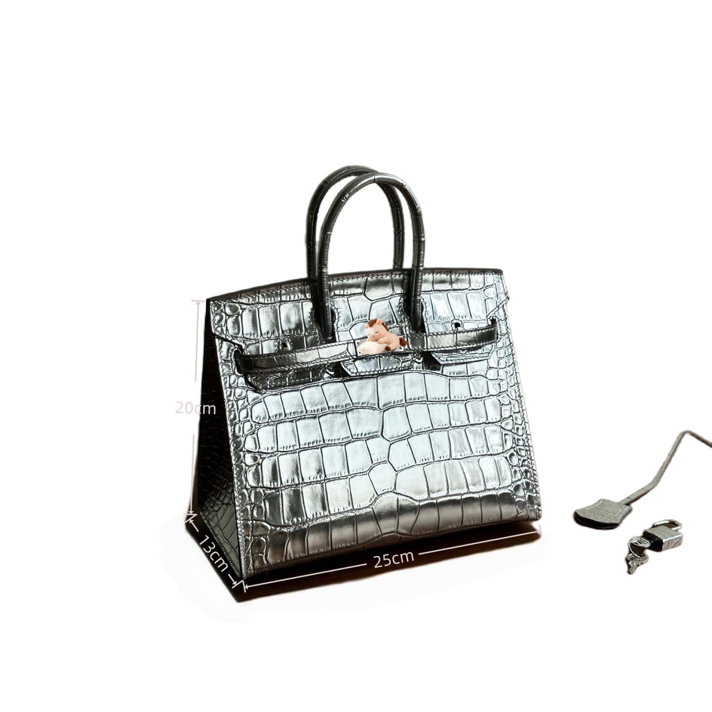 Chic Silver-Tone External Stitching Croc-Embossed Birkin-Inspired Tote Bag for Women, 25cm Stainless Steel Hardware Top-Layer Cowhide Handbag with Premium Quality