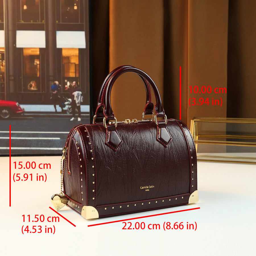 Studded Boston Pillow Bag for Women Vintage Commuter Top Handle Shoulder Crossbody Purse with Premium Hardware Accent