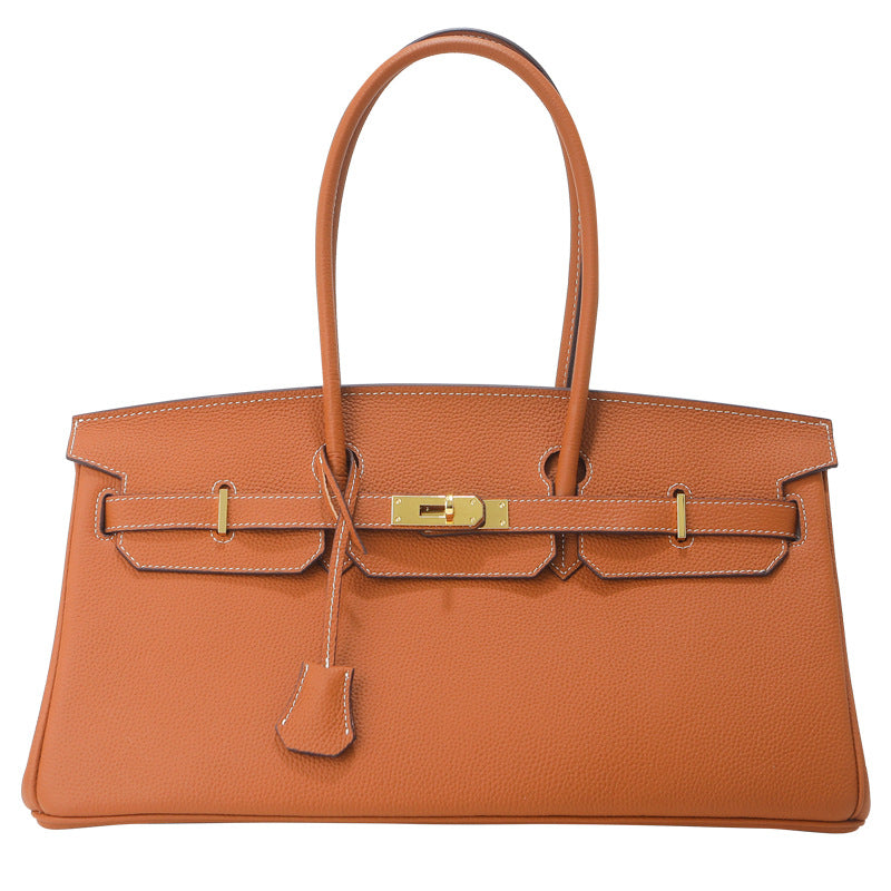 Chic 40cm Horizontal Birkin-Inspired Tote Bag for Women, Premium Top-Layer Cowhide Leather Crossbody Top-Handle Handbag with Spacious Large Capacity, Ideal Commuter Shoulder Bag