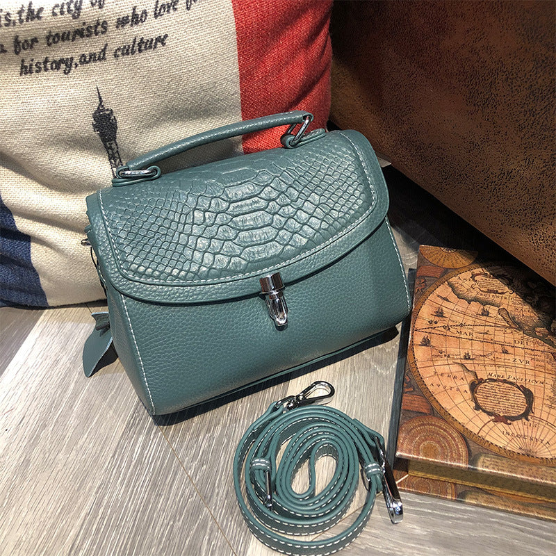 New Arrival Croc-Effect Genuine Leather Small Square Bag for Women, A Premium Top-Layer Cowhide Top-Handle Handbag with Versatile Trendy Design, Perfect Everyday Purse