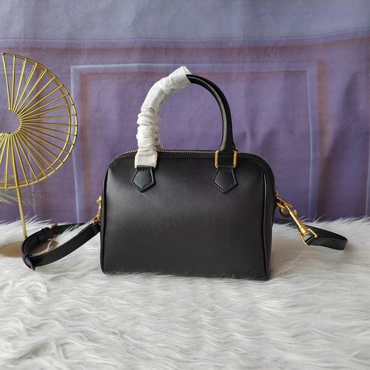 Genuine Leather & Canvas Mini Boston Pillow Bag for Women, Arc de Triomphe Style Shoulder Crossbody Top Handle Purse, Minimalist Small Handbag for Ladies