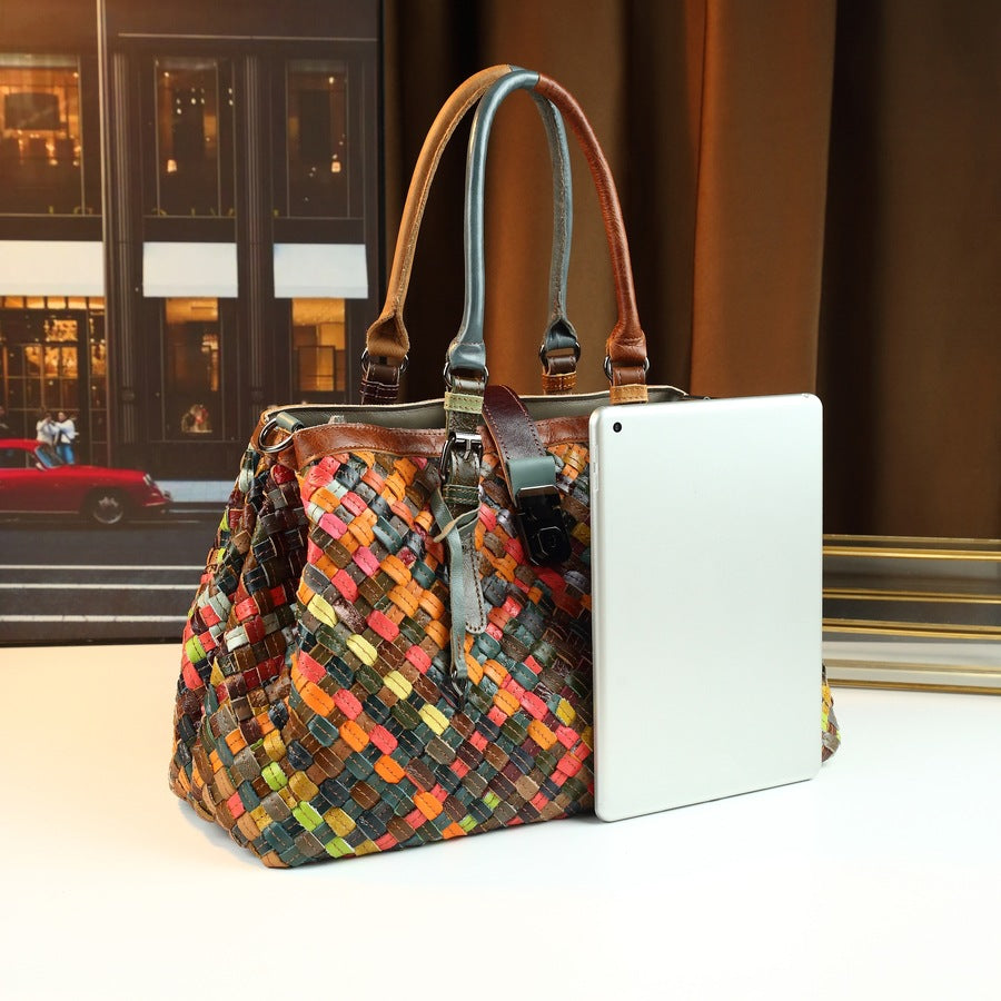 New Arrival Handcrafted Genuine Leather Bag for Women, A Unique Spliced Woven Shoulder Crossbody Handbag with Trendy Premium Design