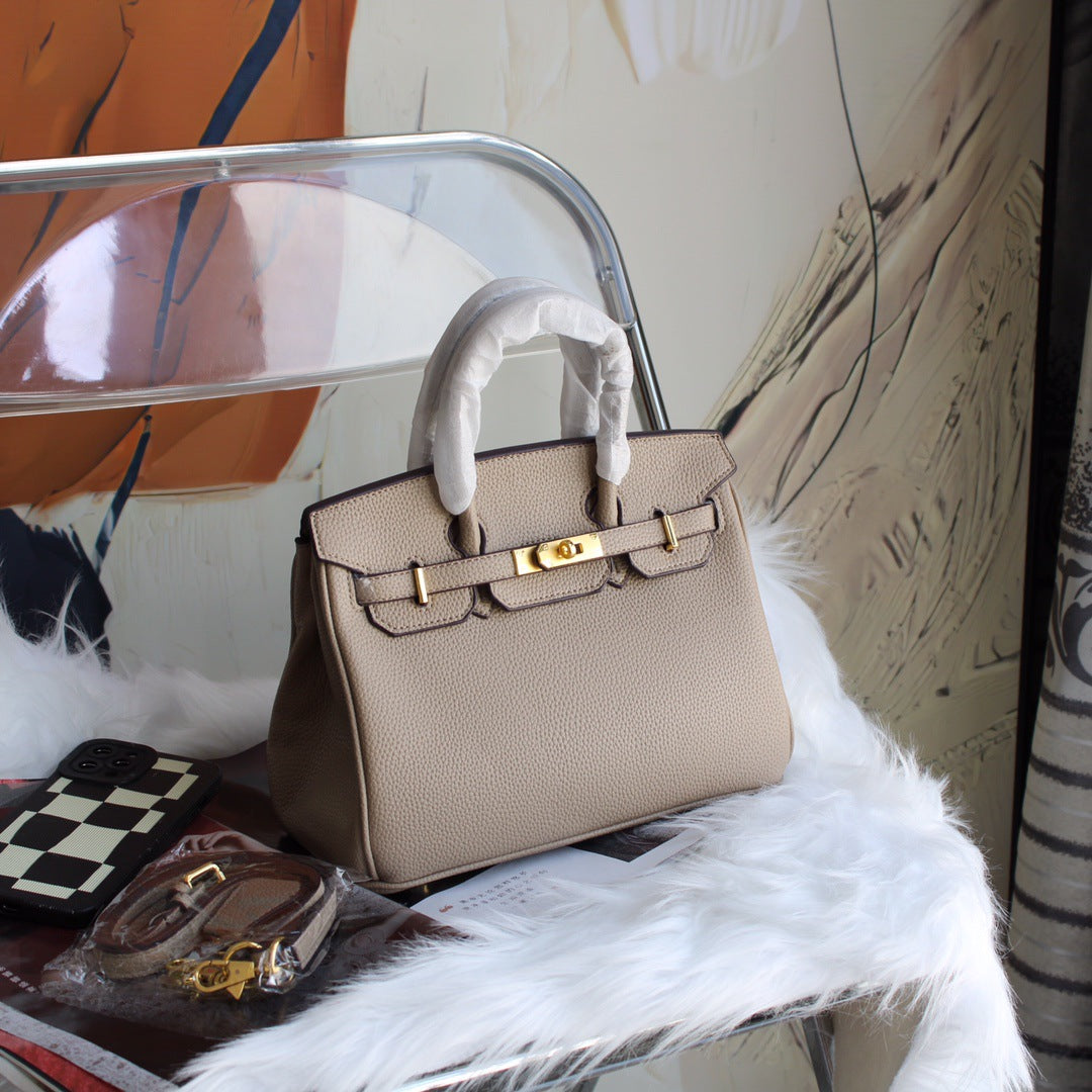 Genuine Pebbled Leather Birkin-Style Gold Hardware Large Capacity Handbag for Women, European Fashion Top Handle Purse, Trendy Casual Tote Bag for Ladies