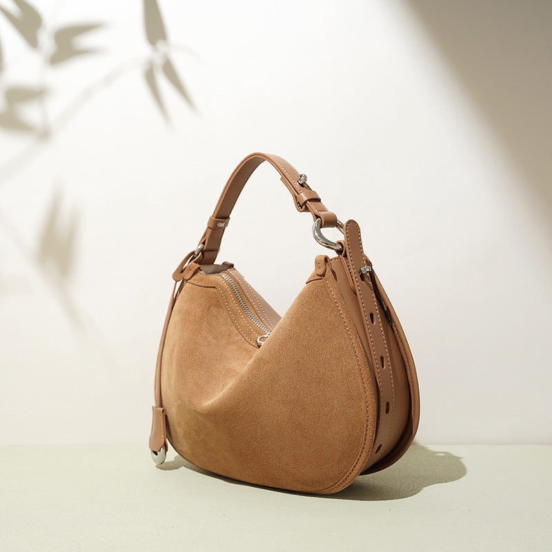 Genuine Suede Crescent Bag for Women, Vintage Light Luxury Minimalist Shoulder Underarm Crossbody Purse, Premium Large Capacity Handbag for Ladies