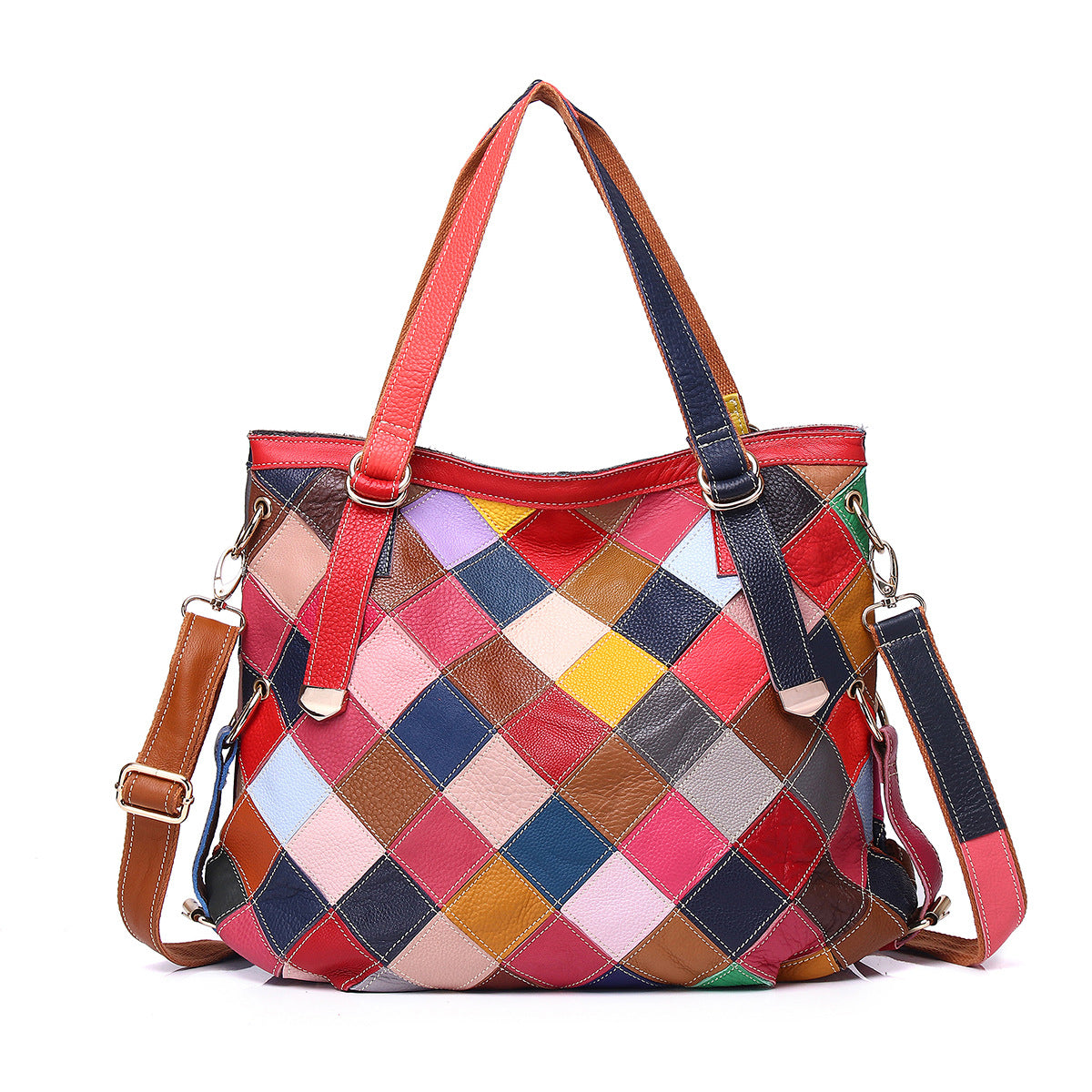 Genuine Leather Multicolor Random Color Block Geometric Patchwork Handbag for Women, Casual Trendy Shoulder Crossbody Tote Purse, Unique Designer Bag for Ladies