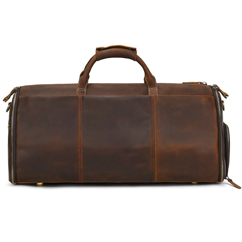 Genuine Leather Foldable Suit Travel Duffle, Multifunctional Garment Bag with Wet-Dry Compartments, Perfect Gym Weekender for Men and Women