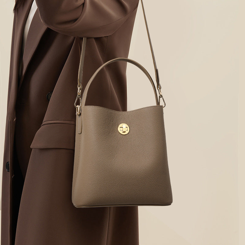 Genuine Leather Bucket Bag for Women, New Crossbody Shoulder Top Handle Purse, Versatile Commute Handbag for Ladies