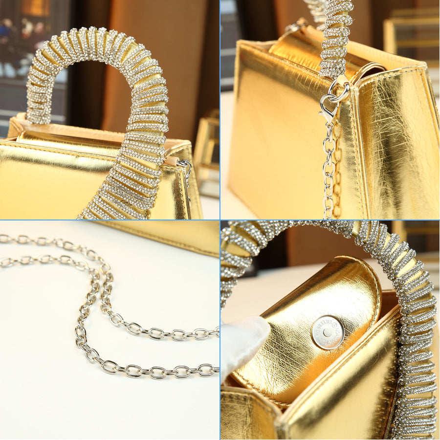 Rhinestone Handle Square Bag for Women Light Luxury Party Shoulder Crossbody Handbag, Premium Sparkly Purse with Chain Strap