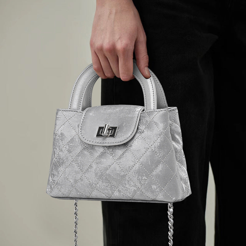 New Silver Chinese Style Silk Satin Chain Bag, Small Square Crossbody Top Handle Purse, Elegant Modern Oriental Handbag for Women