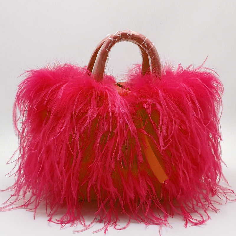 Genuine Ostrich Feather Tassel Handbag for Women, Light Luxury Trendy Top Handle Shoulder Purse, Runway Evening Clutch for Ladies
