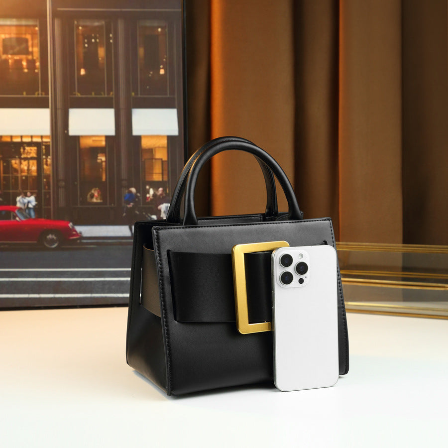 Square Buckle Mini Bag for Women Niche Designer Top Handle Purse, Premium Solid Color Shoulder Crossbody Handbag with Elegant Hardware Accent