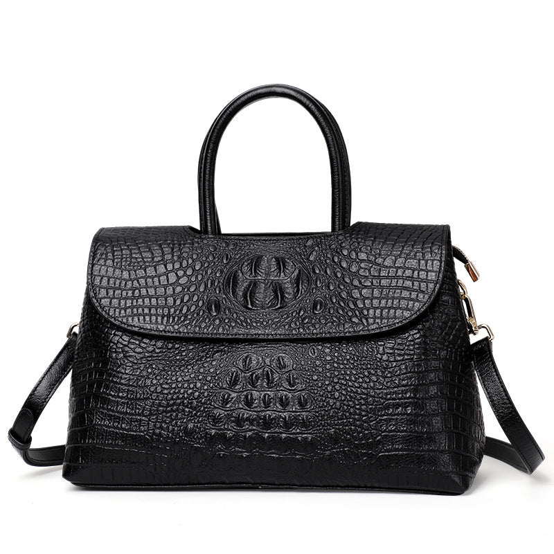 New Classic Black Crocodile-Embossed Top Layer Cowhide Bag, Shoulder Crossbody Top Handle Purse, Premium Handbag for Women