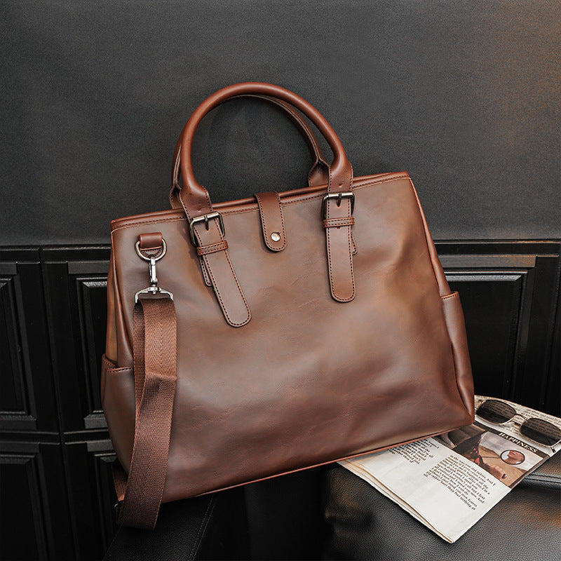 Genuine Leather Vintage Briefcase for Men, Minimalist Large Capacity Laptop Bag, Casual Crossbody Shoulder Top Handle Bag for Gentlemen