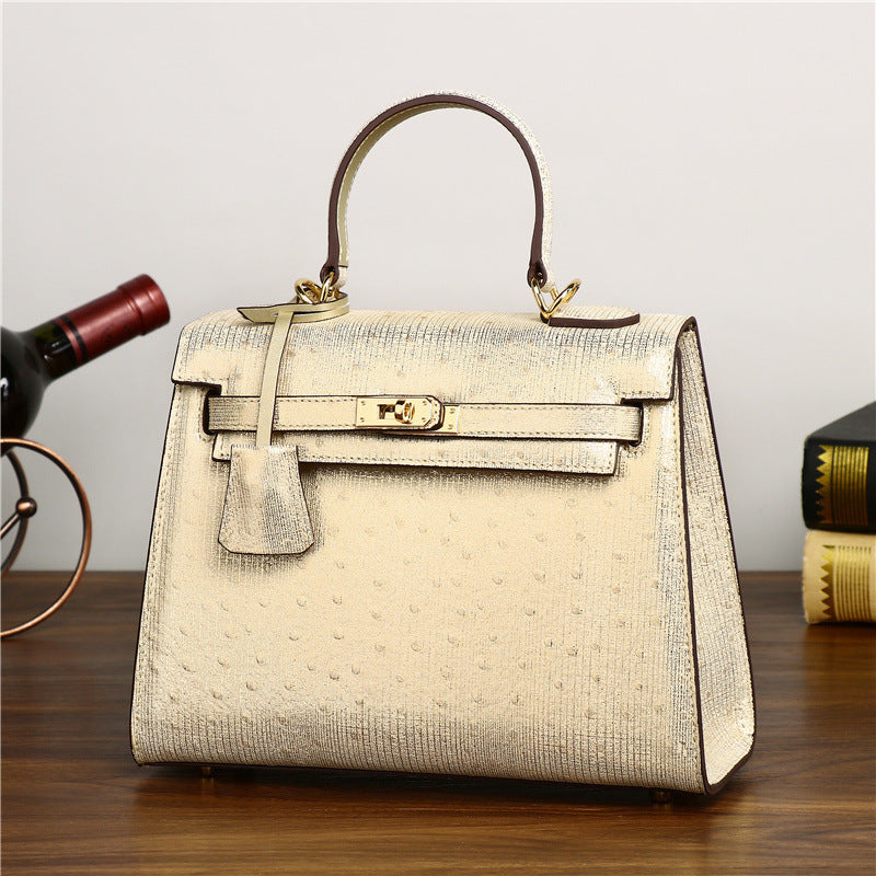 Genuine Gold Ostrich Leather Kelly Bag for Women Large Capacity Shoulder Crossbody Handbag, Versatile Purse with Luxurious Textured Finish