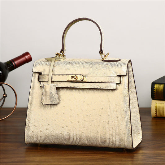 Genuine Gold Ostrich Leather Kelly Bag for Women Large Capacity Shoulder Crossbody Handbag, Versatile Purse with Luxurious Textured Finish