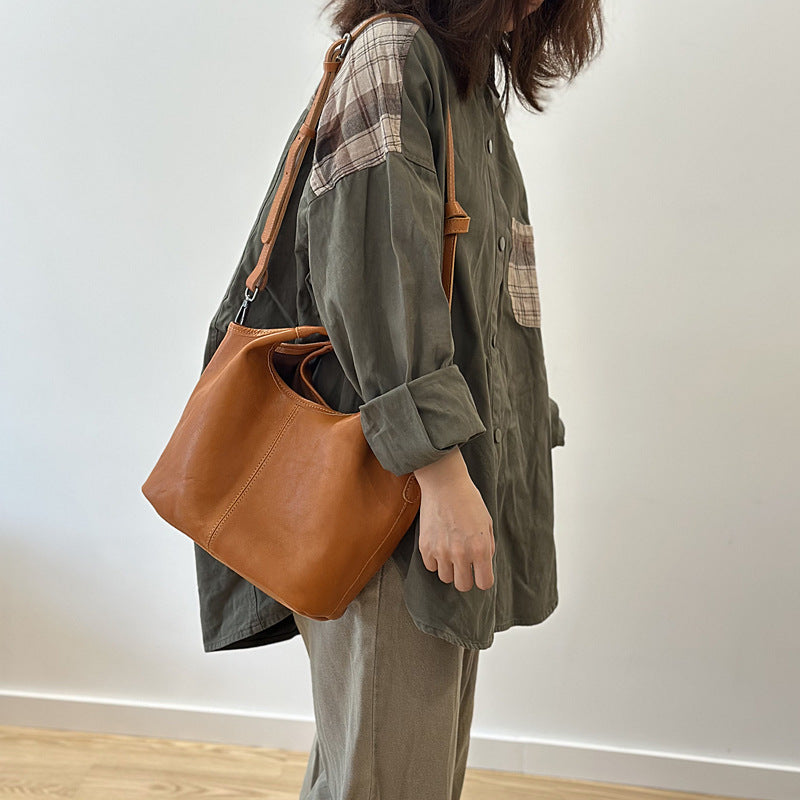 Genuine Vegetable-Tanned Cowhide Handbag for Women, New Fall Light Vintage Shoulder Crossbody Top Handle Purse, Minimalist Versatile Everyday Bag for Ladies