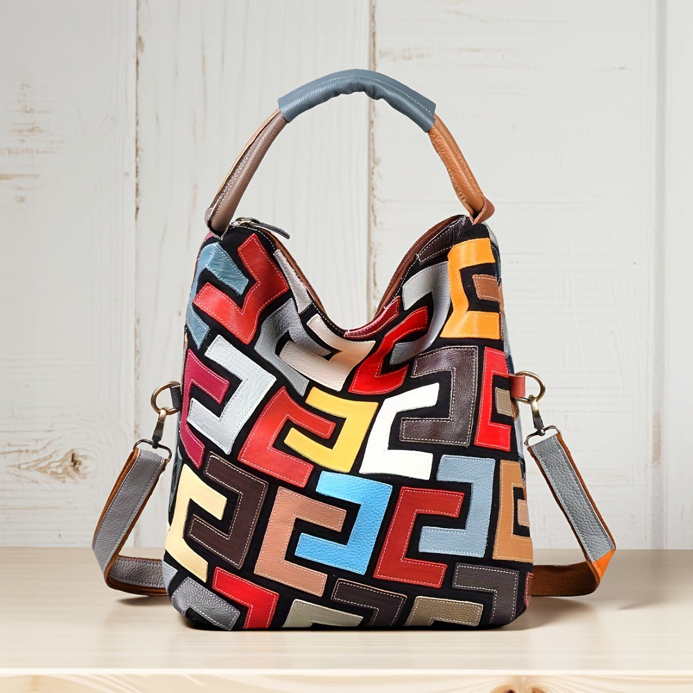 Genuine Leather Multicolor Patchwork Handbag for Women, Color Block Unique Design Casual Shoulder Purse, Versatile Everyday Bag for Ladies