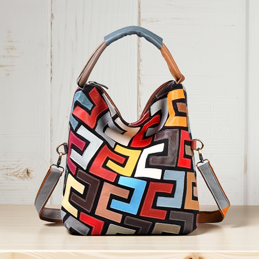 Genuine Leather Multicolor Patchwork Handbag for Women, Color Block Unique Design Casual Shoulder Purse, Versatile Everyday Bag for Ladies