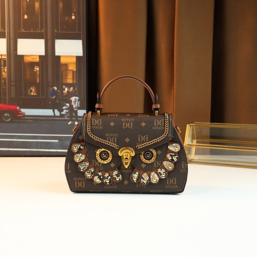 New Arrival Starry Owl Letter Print Bag for Women, A Light Luxury Vintage Top-Handle Shoulder Crossbody Handbag with High-Textured Design