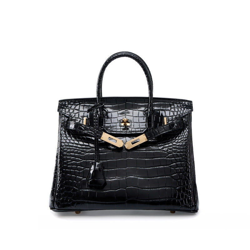 Genuine White Top Layer Cowhide Crocodile-Embossed Birkin-Style Bag for Women, Large Capacity Commute Top Handle Shoulder Purse, Premium Handbag for Ladies