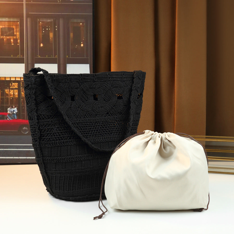 Hollow Woven Beach Tote Set for Women Large Capacity Shoulder Underarm Bag, Casual Korean Style Canvas Sub-Bag with Vacation-Ready Design