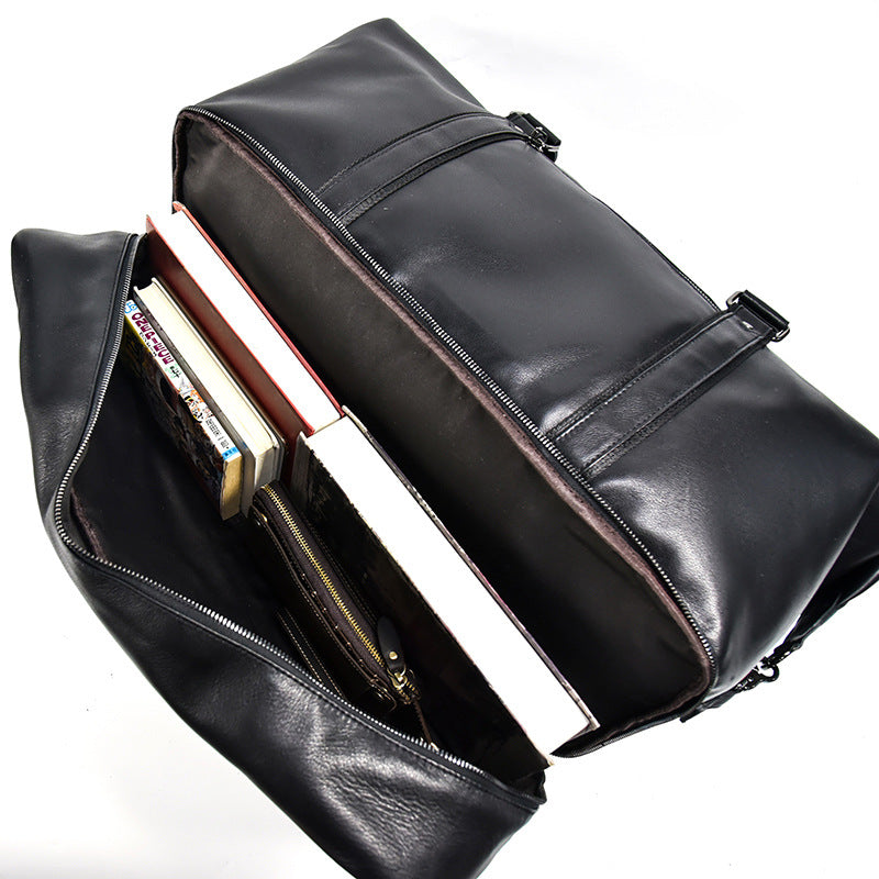 20-Inch Black Genuine Leather Large Capacity Travel Duffle, Gym Top Handle Weekender, Premium Cowhide Luggage Bag for Men and Women