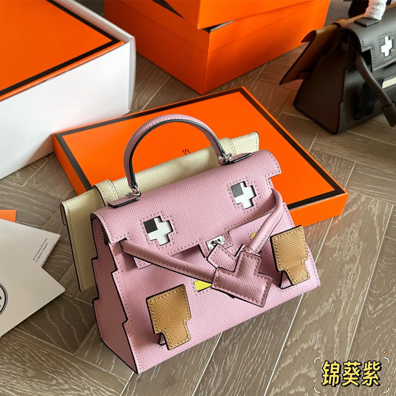 Genuine Leather Mosaic Doll Bag for Women Cross-Grain Cowhide Shoulder Crossbody Handbag, Cute Fashion Purse with Playful Design