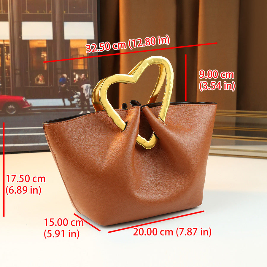 Heart Metal Handle Bucket Bag for Women Soft Leather Pleated Shoulder Crossbody Handbag, Trendy Designer Purse with Romantic Hardware Accent