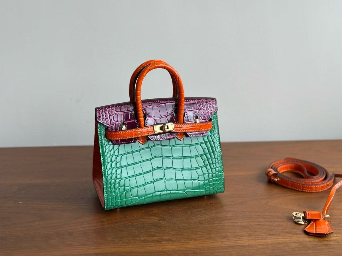 Genuine Top Layer Cowhide Matte Crocodile-Embossed Mini Birkin-Style Bag for Women, Semi-Handmade External Stitching Top Handle Purse, New Premium Handbag for Ladies
