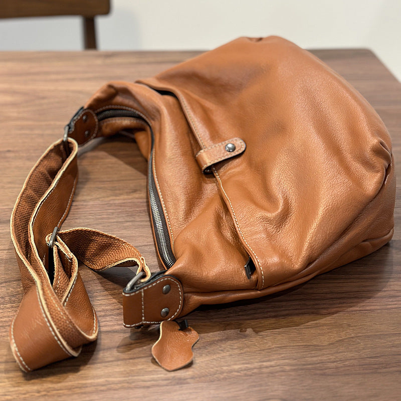 Genuine Top Layer Cowhide Large Tote Bag for Women, Korean Style Versatile Shoulder Crossbody Purse, Hong Kong Casual Handbag for Ladies