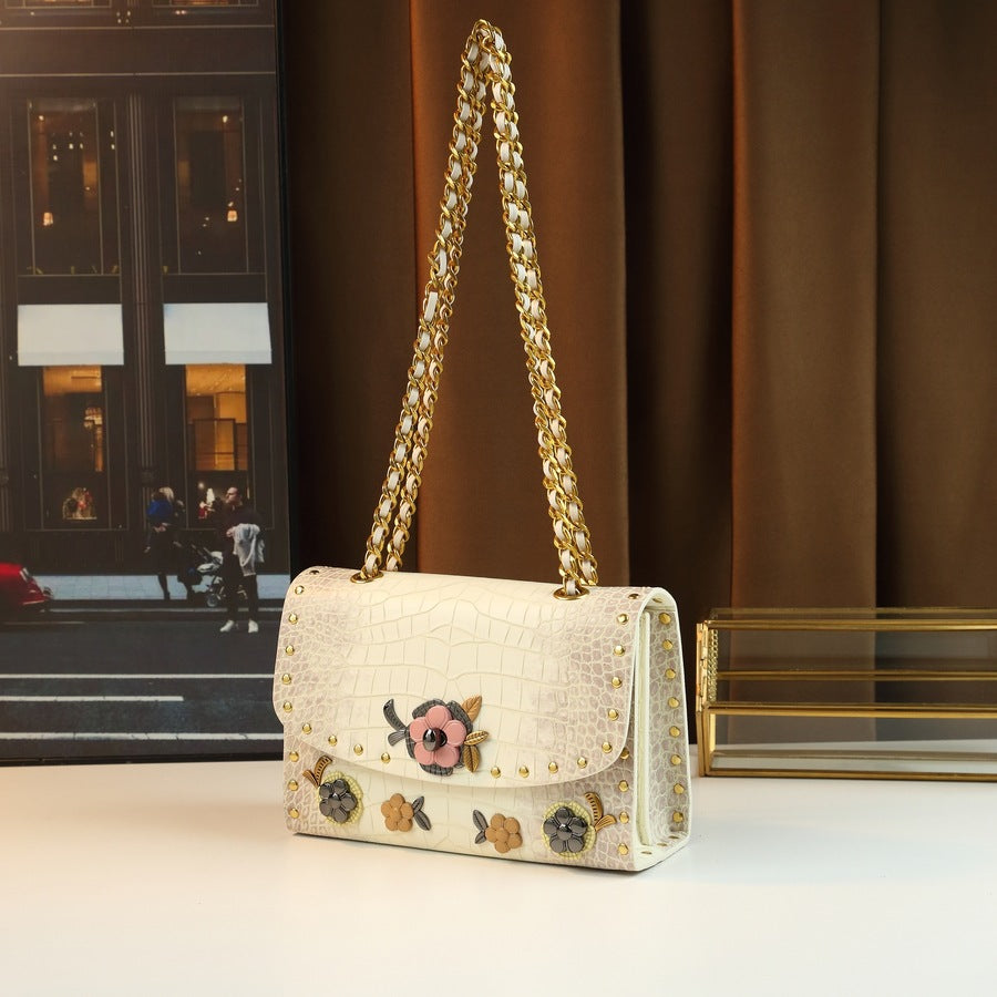 Floral Lace Kelly Mini Bag for Women Lock Buckle Shoulder Crossbody Handbag, Niche Premium Purse with Elegant Floral Detail